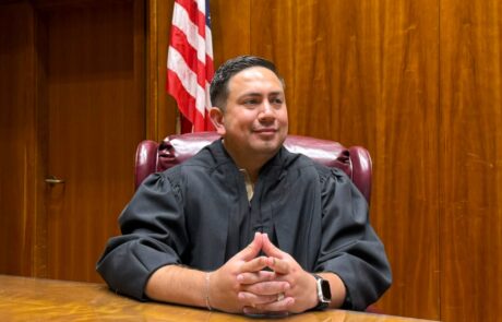 Emiliano Valencia, pictured in judicial robes, during the opening session of Leadership Tejas Class II.